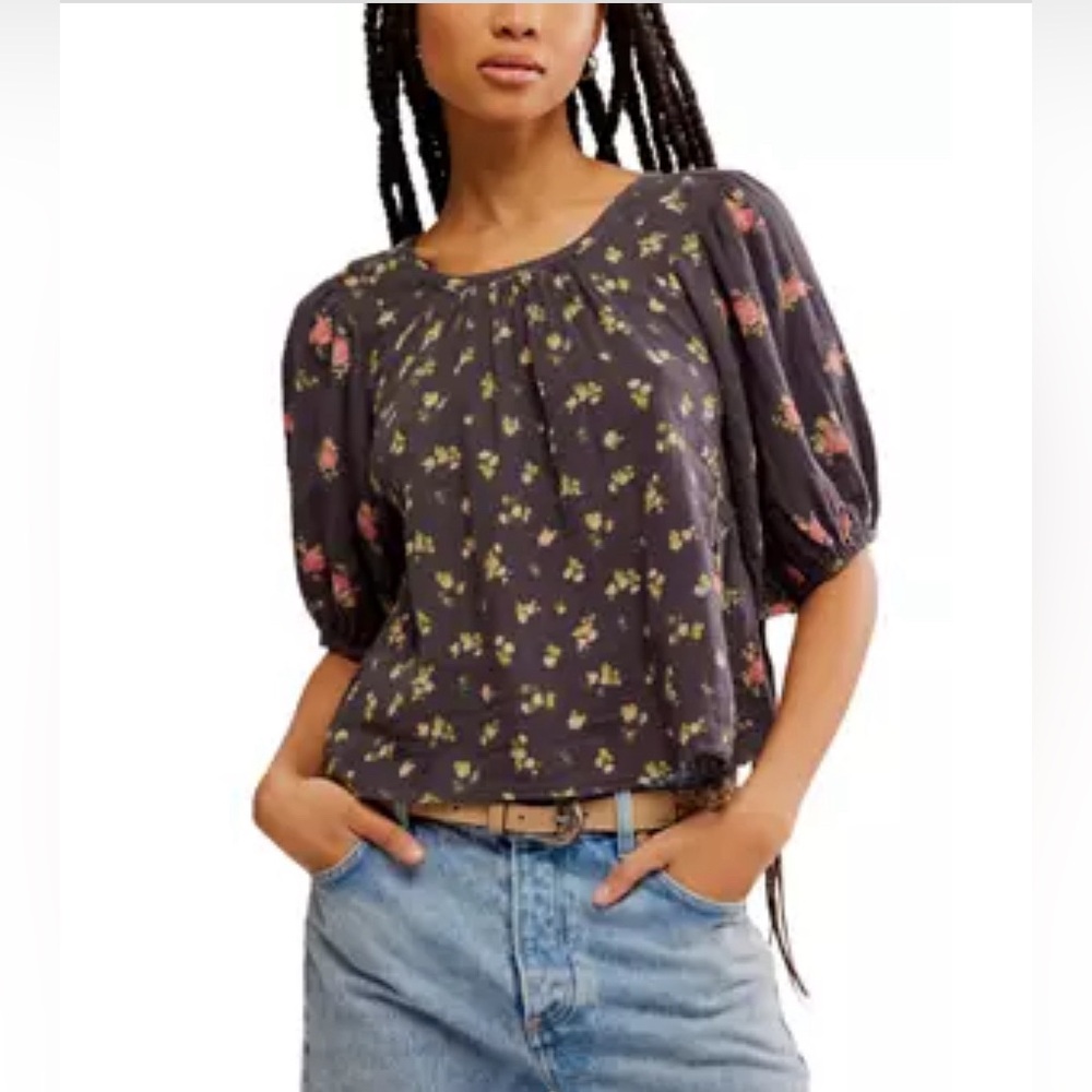 Free People Charcoal Floral Open-Back Tie Peplum Top - Picture 3 of 6